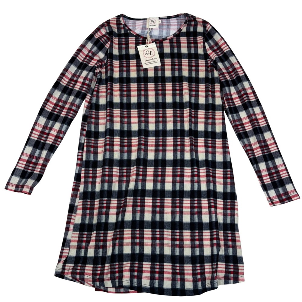 Grace & Emma Plaid Tunic Dress Red Black White Elbow Patches Work Play Small NWT